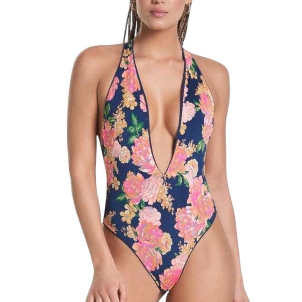 Maaji Reversible Cheeky Plunge One Piece Swimsuit‎ Small Blue Pink Floral